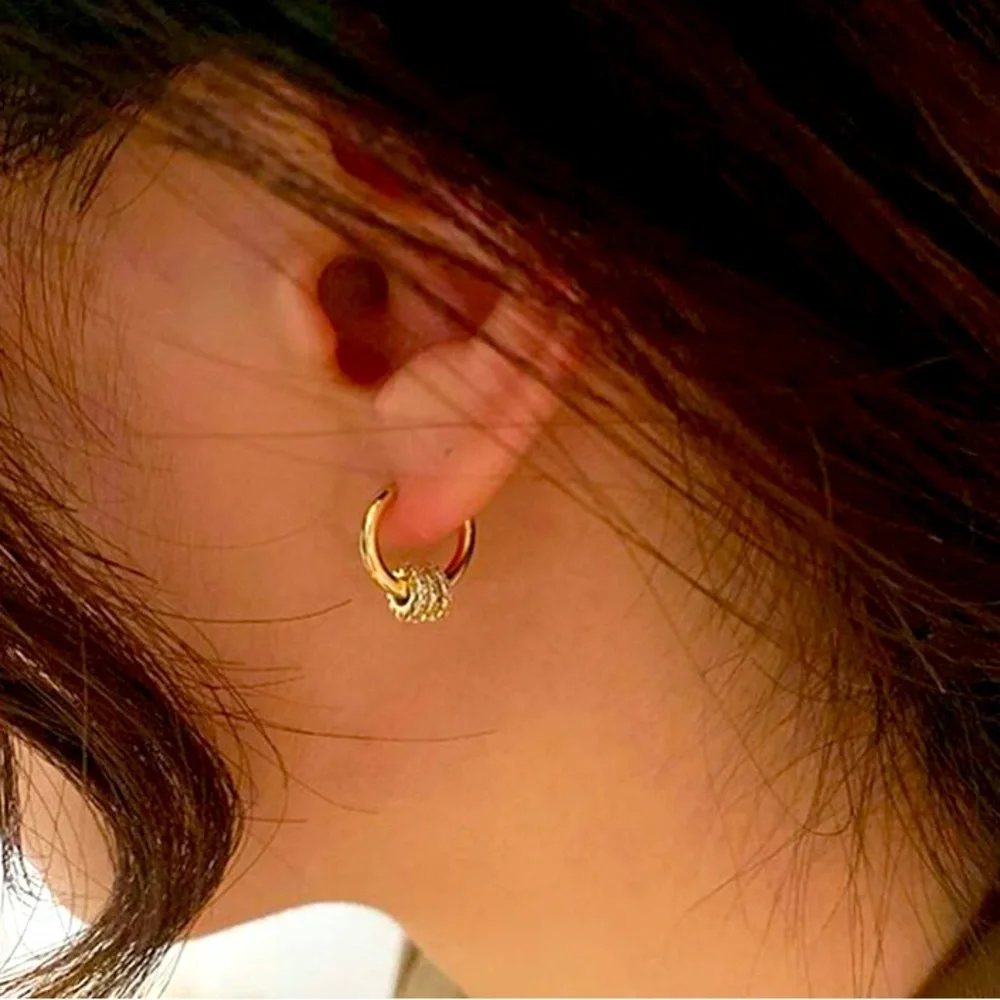Ultra Delicate Tiny Gold & Rhinestone Detail Huggie Hoops - Picture 3 of 6